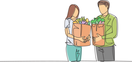 Single continuous line drawing young happy couple holding grocery paper bag after shopping at grocery store together. Buying daily goods concept. One line draw graphic design illustration png
