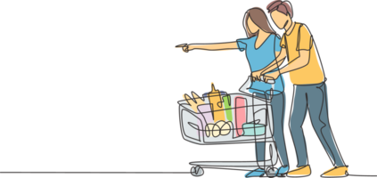 Single continuous line drawing happy young couple pushing trolley when shopping daily goods at supermarket. Buying monthly organic product concept. One line draw graphic design illustration png