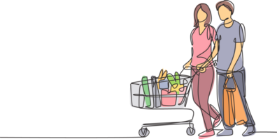 Single continuous line drawing young happy romantic couple pushing trolley and shopping daily goods together at hypermarket. Shopping concept. One line draw graphic design illustration png