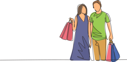 One single line drawing young happy romantic couple holding paper bags after buying dress and personal needs together at mall. Commercial shopping concept. Continuous line draw design illustration png