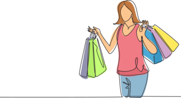 One continuous line drawing young happy beauty woman holding many paper bags after shopping personal needs. Shopping fashion, cosmetic, makeup in big mall concept. Single line draw design illustration png