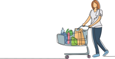 One continuous line drawing young happy female pushing trolley at supermarket while shopping fruits, vegetables, breads, milk. Shopping in hypermarket concept. Single line draw design illustration png