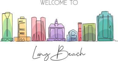 One single line drawing of Long Beach city skyline, California. Town landscape for home wall decor poster. Best holiday destination. Trendy continuous line draw graphic design illustration png