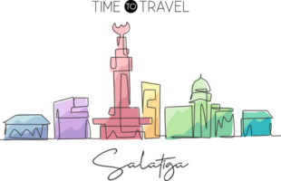 Single continuous line drawing of Salatiga city skyline, Central Java Indonesia. Famous city for wall decor print. World travel concept. Editable stroke modern one line draw design illustration png