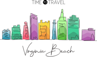 Single continuous line drawing of Virginia Beach city skyline, United States. Famous city for wall decor print. World travel concept. Editable stroke modern one line draw design illustration png