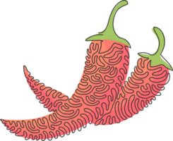 continuo uno línea dibujo todo sano orgánico caliente chiles para granja logo identidad. Fresco chile pimientos concepto para vegetal icono. remolino rizo estilo. soltero línea dibujar diseño ilustración png