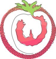 Single continuous line drawing sliced healthy organic tomato for farming logo identity. Fresh tropical vegetable concept for vegie garden icon. Swirl curl circle style. One line draw png