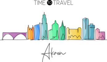Single continuous line drawing Akron city skyline, Ohio. Famous city scraper landscape. World travel home wall decor art poster print concept. Modern one line draw design graphic illustration png