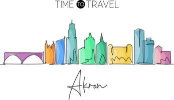 Single kontinuierlich Linie Zeichnung Akron Stadt Horizont, Ohio. berühmt Stadt Schaber Landschaft. Welt Reise Zuhause Mauer Dekor Kunst Poster drucken Konzept. modern einer Linie zeichnen Design Grafik Illustration png