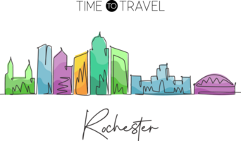 One continuous line drawing Rochester city skyline, New York State. Beautiful landmark. World landscape tourism travel wall decor poster, postcard. Stylish single line draw design illustration png