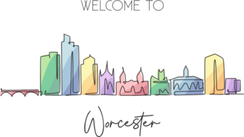 een single lijn tekening Worcester stad horizon, massachusetts. wereld historisch stad- landschap kunst. het beste vakantie bestemming ansichtkaart. bewerkbare beroerte doorlopend lijn trek ontwerp illustratie png