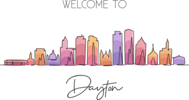 One continuous line drawing of Dayton city skyline, Ohio. Beautiful landmark. World landscape tourism travel home wall decor poster print. Stylish single line draw design graphic illustration png