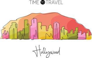 Single continuous line drawing of Hollywood skyline, Los Angeles. Famous city scraper landscape. World travel home wall decor art poster print concept. Modern one line draw design illustration png