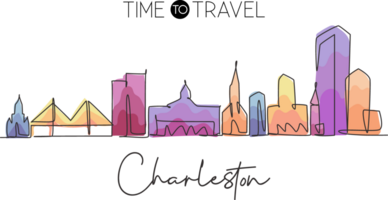 One continuous line drawing Charleston city skyline South Carolina. Beautiful landmark. World landscape tourism travel home wall decor poster print. Stylish single line draw design illustration png