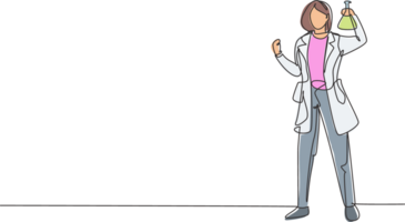 Continuous one line drawing female scientist stands with celebrate gesture and holding measuring tube filled with chemical liquid. Success business. Single line draw design graphic illustration png