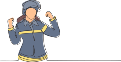 Single einer Linie Zeichnung weiblich Feuerwehrmann mit feiern Geste, Uniform und tragen Helm bereiten zu stellen aus das Feuer Das verbrannt Gebäude. kontinuierlich Linie zeichnen Design Grafik Illustration png
