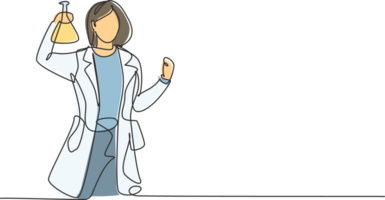 Single one line drawing female scientist with celebrate gesture and holding measuring tube to examining chemical solution to make vaccine. Continuous line draw design graphic illustration png