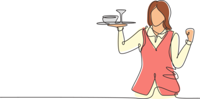 Single continuous line drawing waitress with celebrate gesture and brought a tray of drinking glasses serving visitors at cafeteria. Successful work. One line draw graphic design illustration png