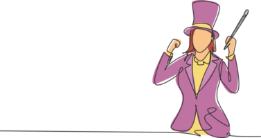 Single continuous line drawing female magician with celebrate gesture wearing hat and holding magic stick ready to entertain audience at television. One line draw graphic design illustration png
