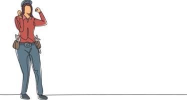 Single continuous line drawing handywoman stands with celebrate gesture and tools such as pliers, screwdriver, hammer that is placed on work shirt. One line draw graphic design illustration png