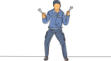 Single one line drawing mechanic stands up with celebrate gesture and holding wrench to perform maintenance vehicle engine. Success job. Modern continuous line draw design graphic illustration png