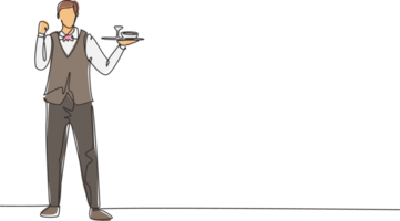 Continuous one line drawing waiter stood up with celebrate gesture and brought tray of drinking glasses to offer restaurant guests. Successful job. Single line draw design graphic illustration png