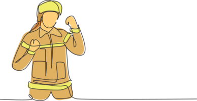 Single continuous line drawing firefighters with celebrate gesture, full uniform, and wearing helmet prepare to put out the fire that burned building. One line draw graphic design illustration png