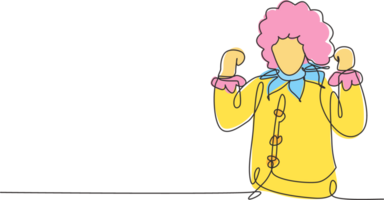 Single continuous line drawing clown with celebrate gesture, wearing wig and smiling face makeup, entertaining kids at birthday party. Good perform. One line draw graphic design illustration png