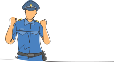 continuo uno linea disegno poliziotto con celebrare gesto e pieno uniforme è pronto per imporre traffico disciplina su autostrada. stand-by su pattuglia. singolo linea disegnare design grafico illustrazione png