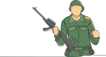 kontinuierlich einer Linie Zeichnung Soldat mit Waffe, voll Uniform, und feiern Geste ist bereit zu verteidigen das Land auf Schlachtfeld gegen Feind. Single Linie zeichnen Design Grafik Illustration png