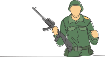 contínuo 1 linha desenhando soldado com arma, cheio uniforme, e comemoro gesto é pronto para defender a país em campo de batalha contra inimigo. solteiro linha desenhar Projeto gráfico ilustração png