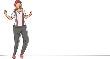 Single continuous line drawing female mime artist stands with celebrate gesture and white face make-up makes audience laugh with silent comedy. Dynamic one line draw graphic design illustration png