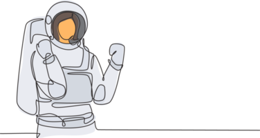 kontinuerlig ett linje teckning kvinna astronaut med fira gest bär rymddräkter till utforska yttre Plats i Sök mysterier av universum. enda linje dra design grafisk illustration png