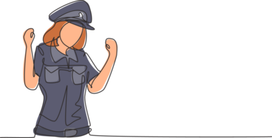 continu un ligne dessin femme policier avec célébrer geste et plein uniforme est prêt à imposer circulation la discipline sur Autoroute. Etre prêt patrouille. Célibataire ligne dessiner conception graphique illustration png