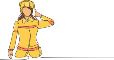 doorlopend een lijn tekening vrouw brandweerman met uniform, telefoontje me gebaar en vervelend helm bereiden naar zetten uit de brand dat verbrand gebouw. single lijn trek ontwerp grafisch illustratie png