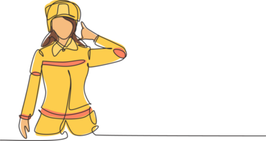 continu un ligne dessin femelle sapeur pompier avec uniforme, appel moi geste et portant casque préparer à mettre en dehors le Feu cette brûlé bâtiment. Célibataire ligne dessiner conception graphique illustration png