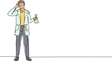 Single continuous line drawing scientist stands with call me gesture and holding measuring tube filled with chemical liquid. Success business. Dynamic one line draw graphic design illustration png