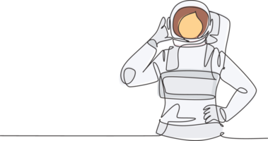 enda ett linje teckning kvinna astronaut med ring upp mig gest bär rymddräkter till utforska yttre Plats i Sök mysterier av universum. modern kontinuerlig linje dra design grafisk illustration png