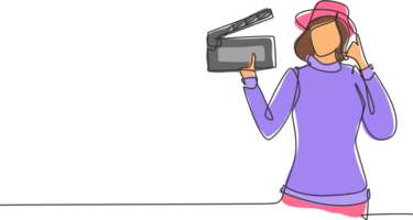 Single one line drawing female film director with call me gesture holding clapperboard and set the crew for studio shooting. Professional work. Continuous line draw design graphic illustration png