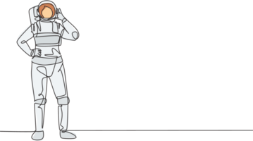 Single continuous line drawing female astronaut stands with call me gesture wearing spacesuit exploring earth, moon, other planets in universe. Dynamic one line draw graphic design illustration png