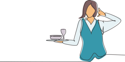 Continuous one line drawing waitress with call me gesture and brought a tray of drinking glasses serving visitors at cafeteria. Professional job. Single line draw design graphic illustration png