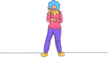 Continuous one line drawing female clown stands with call me gesture wearing wig and clown costume ready to entertain the audience in circus arena. Single line draw design graphic illustration png
