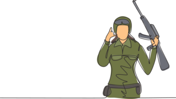 singolo continuo linea disegno femmina soldato con chiamata me gesto, arma e uniforme è pronto per difendere nazione su campo di battaglia contro nemico. dinamico uno linea disegnare grafico design illustrazione png