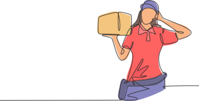 Single continuous line drawing deliverywoman with call me gesture, carrying the package box to be delivered to customers with the best service. Dynamic one line draw graphic design illustration png