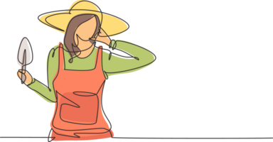 Single one line drawing female farmer with call me gesture wearing straw hat and carrying mini shovel to work on the farm. Success business. Continuous line draw design graphic illustration png