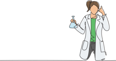 Single one line drawing female scientist with call me gesture and holding measuring tube to examining chemical solution to make vaccine. Modern continuous line draw design graphic illustration png