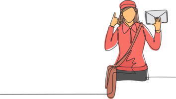 Single continuous line drawing postwoman wearing hat, sling bag, and uniform with call me gesture holds envelope to delivered to home address. Dynamic one line draw graphic design illustration png