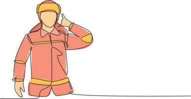 Single one line drawing firefighters with uniform, call me gesture and wearing helmet prepare to put out the fire that burned building. Modern continuous line draw design graphic illustration png