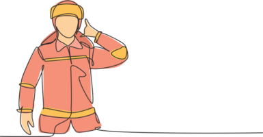 Célibataire un ligne dessin sapeurs pompiers avec uniforme, appel moi geste et portant casque préparer à mettre en dehors le Feu cette brûlé bâtiment. moderne continu ligne dessiner conception graphique illustration png