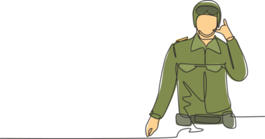 singolo continuo linea disegno soldato con occhiali, pieno uniforme, chiamata me gesto è pronto per difendere il nazione su campo di battaglia contro nemico. dinamico uno linea disegnare grafico design illustrazione png